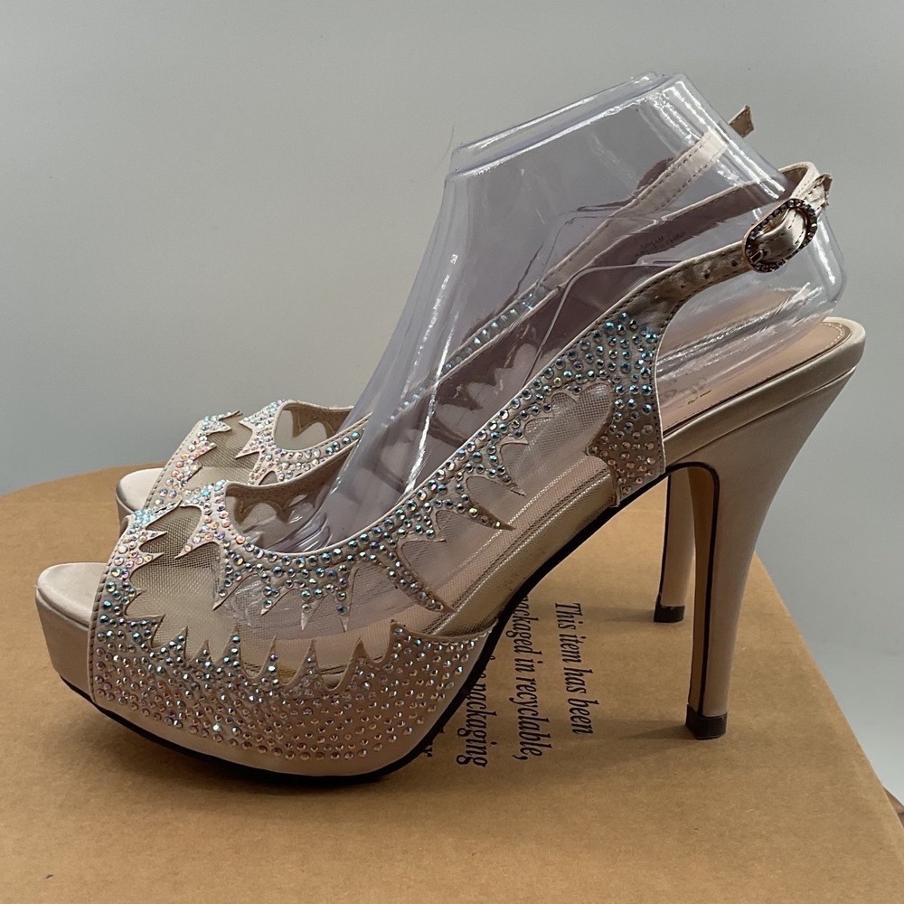 Lady Couture Dream Champagne Rhinestone Platform Slingback Heels Size 41